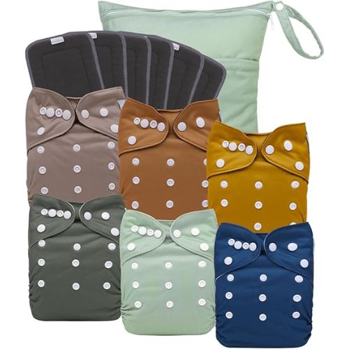 babygoal Reusable Charcoal Cloth Diapers with Double Gussets, 6 Pack Washable Baby Pocket Diapers with 6pcs Charcoal Inserts and Wet Dry Bag(Solid Color)