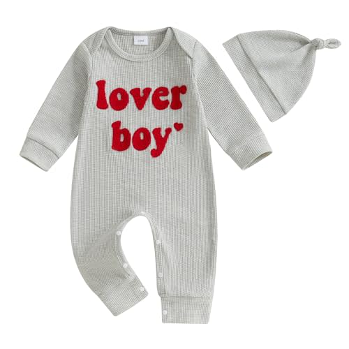 Lesimsam Newborn Infant Baby Boy Valentines Outfit Letter Embroidery Long Sleeve Waffle Knit Romper Jumpsuit with Hat
