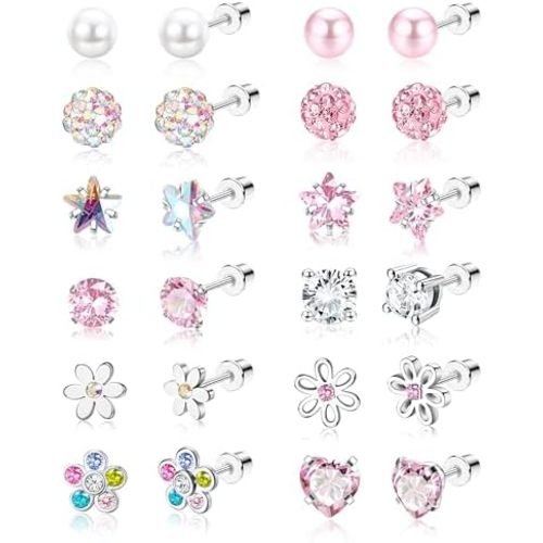 SAILIMUE 12 Pairs Hypoallergenic Screw Back Earrings for Women Girls Surgical Steel Cute Heart CZ Flower Pearl Ball Tiny Screwback Stud Earring