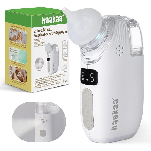 Haakaa Nasal Aspirator for Baby, 2-in-1 Electric Baby Nasal Aspirator with Sprayer – Baby Nose Sucker, Nose Sucker for Baby – 5 Adjustable Suction Levels up to 65kPa, Quiet, Music & Lights