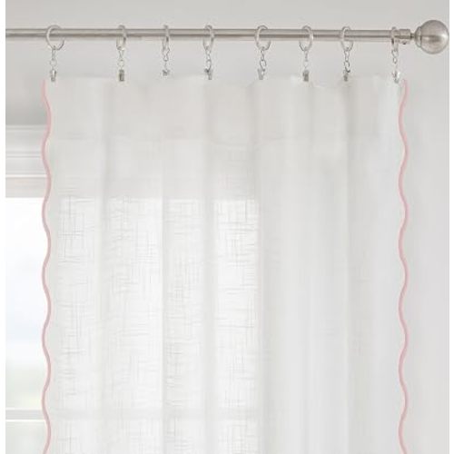 DriftAway Semi Sheer Scalloped Edge White Coastal Beach Window Curtains for Living Room Bedroom 2 Panels Rod Pocket Each Size 52 Inch by 84 Inch Pink