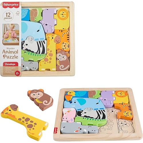 Fisher-Price Wood Toddler Toy Animal Puzzle, 12 Piece Wooden Shape-Sorting Activity for Preschool Kids Ages 2+ Years