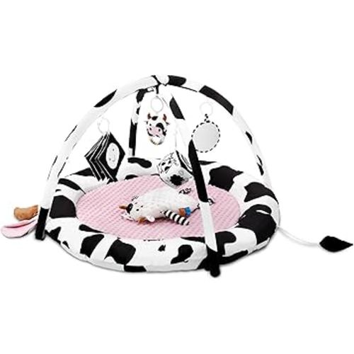 Pink Cow Baby Play Gym,Tummy Time Mat with 6 Sensory Toys, Extra Thick Soft Baby Play Mat for Floor, Newborn Essentials Christmas Gift 0-3-6-9-12 Months