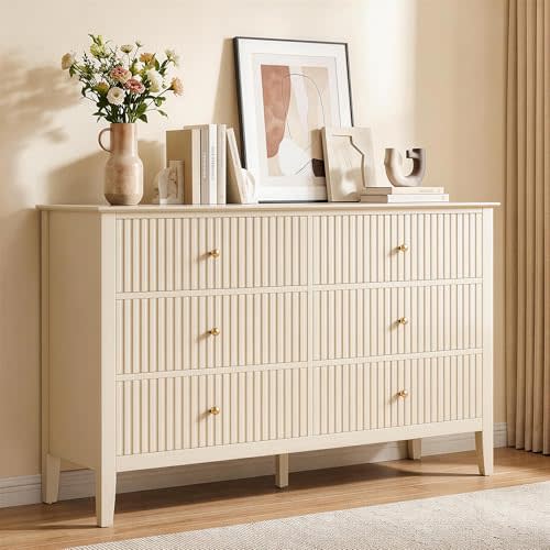 RoyalCraft Beige 6 Drawer Dresser, Fluted Modern Wood Chest of Drawers, Long Dresser for Bedroom TV Stand Storage Cabinet for Living Room