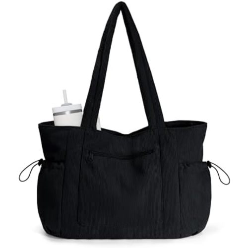 ECOHUB Large Corduroy Tote Bag for Women with Cup Holder & Luggage Sleeve & Laptop Compartment for Work Travel College Casual