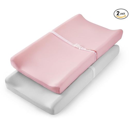 TILLYOU Changing Pad Cover Set in Soft Jersey Material Diaper Changing Pad Cover Girl - Fits 32"/34''x16 Contoured Pad for Babies,Peachy Pink & Lt Gray