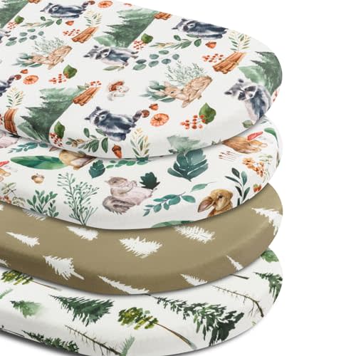 4 Pack Bassinet Sheets Woodland Forest Animals Wood Neutral Unisex Fitted Baby Bassinet Sheets Set for Standard Bassinets for Baby Boys or Girls