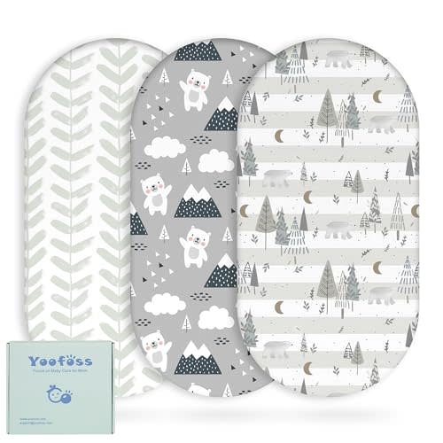 Yoofoss Bassinet Sheets for Baby,3-Pack Fitted Bassinet Sheets Set Compatible with Halo Bassinest Swivel Sleeper,Baby Delight,Angelbliss,Soft Breathable Bassinet Mattress Sheets(Grey+Bear)