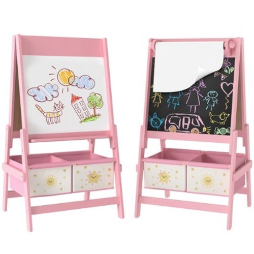Qaba Kids Easel, 3-in-1 Double-Sided Art Easel with Paper Roll, Whiteboard & Chalkboard, Storage Baskets for Toddlers Ages 3-8, Pink