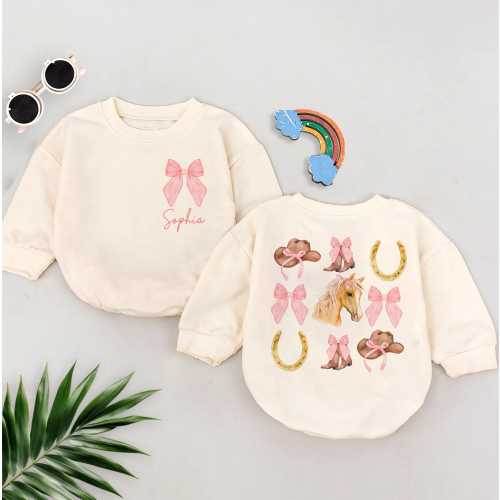 Coquette Cowgirl Baby Romper, Pink Western Rodeo Horse Bow Outfit, Personalized Country Cowgirl Romper for Newborn Toddler Girl