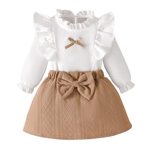Coaturi Baby Girl Clothes Sets: 2 Piece Ruffle Sleeve Bowkont Shirts Mini Skirt Fall Winter Outfits for Toddler 9-48 Months