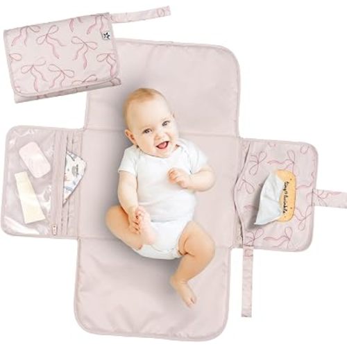 Tiny Twinkle Portable Diaper Changing Pad | Waterproof, Wipeable & Compact Baby Changing Pad for Travel | Smart Wipes Pocket & Organized Storage| Newborn Shower Gift (Bows)