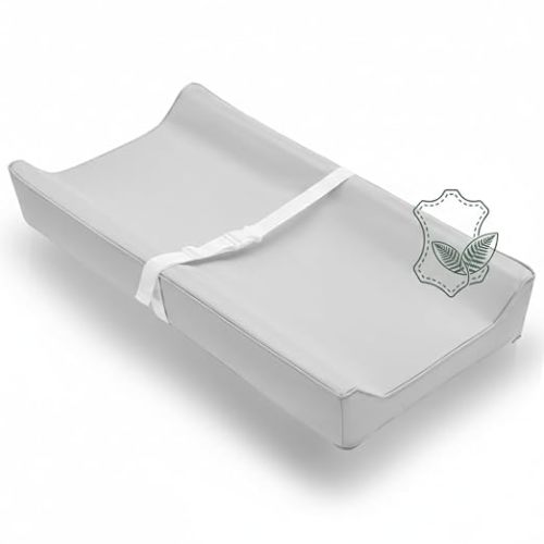 Vegan Leather Contoured Baby Changing Pad | Waterproof & Wipe-Clean PU Leather Diaper Change Mat, Soft, Wipeable Cover, Safety Strap, Non-Slip Bottom, Topper for Standard Infant Diaper Table & Dresser