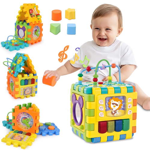 Vomeast 6-in-1 Baby Activity Cube w/ Music, Preschool Montessori Learning Toys for Toddlers Infant, for Birthday Christmas Baby Shower Gifts, Multicolor