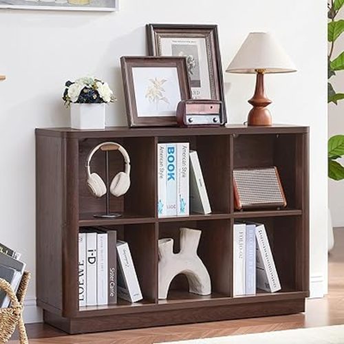 6 Cube Storage Bookcase, 40" Wide Low Horizontal Book Shelf with Curved Edge, Wood Floor Standing 2-Tier Bookshelf with Base, Farmhouse Short Book Case for Bedroom, Living Room, Office, Walnut
