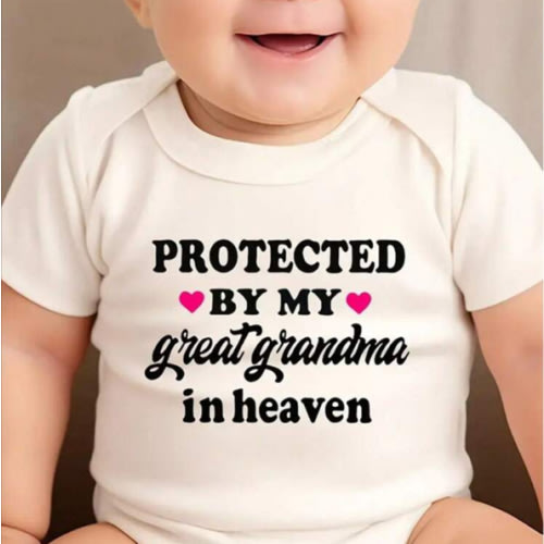Protected By My Great Grandma In Heaven" Baby Romper - Soft 100% Cotton, Short Sleeve, Funny Newborn Boys' Jumpsuit With Heart Print, Casual Comfortable Triangle Bodysuit For Spring/Summer, Sentimental Babywear | Angelic Design Romper | Soft Cotton Materi