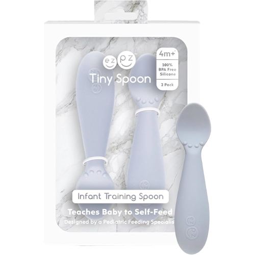 ezpz Tiny Spoon (2 Pack in Pewter) - 6 Months+ - 100% Silicone Spoon for Baby Led Weaning + Purees - Designed by a Pediatric Feeding Specialist - Shower Essentials & Gifts