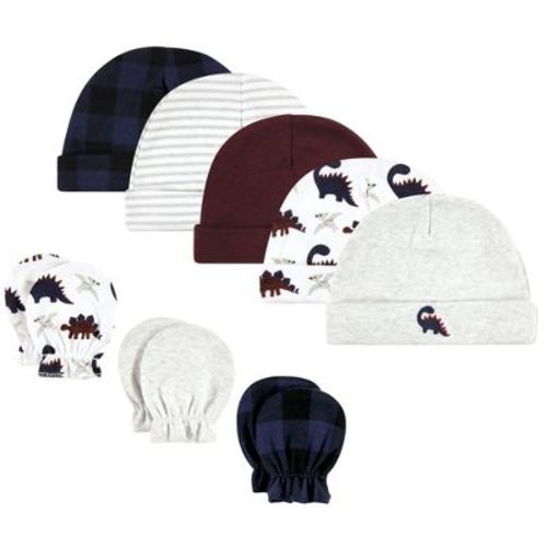 Hudson Baby Infant Boy Cotton Cap and Scratch Mitten Set, Burgundy Dino, 0-6 Months
