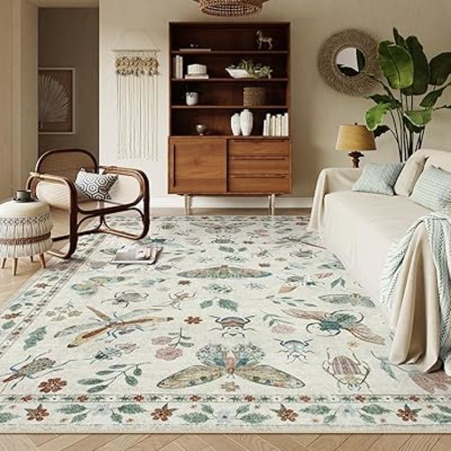 Lahome Insect 9x12 Area Rugs for Living Room Bedroom, Soft Washable Rugs 9x12 Stain Resistant, Ultra-Thin Non-Slip Dining Room Rug Non-Shedding Accent Carpet for Office(9x12ft,Beige)