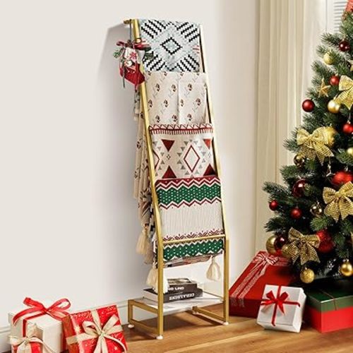 Blanket Ladder, 5 Tier Ladder Shelf,Wooden Blanket Ladders for Living Room and Bedroom, 5.2ft Blanket Holder Rack Farmhouse Ladder Rack for Storage and Home Decor (Golden)