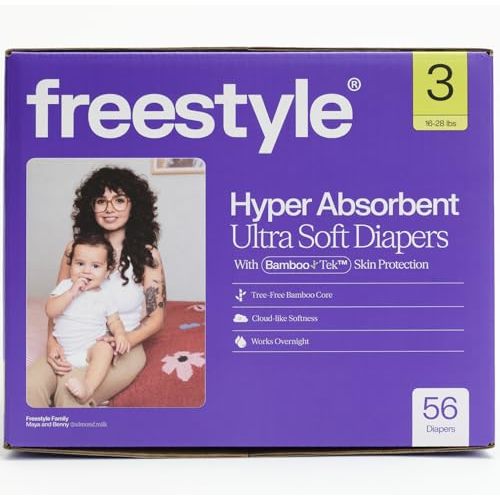 Freestyle Diapers – (Size 3) Hyper Absorbent & Non-Toxic – Disposable Diapers for Sensitive Skin – Ultra Soft Diaper's (16-28 lbs) – 56 Count