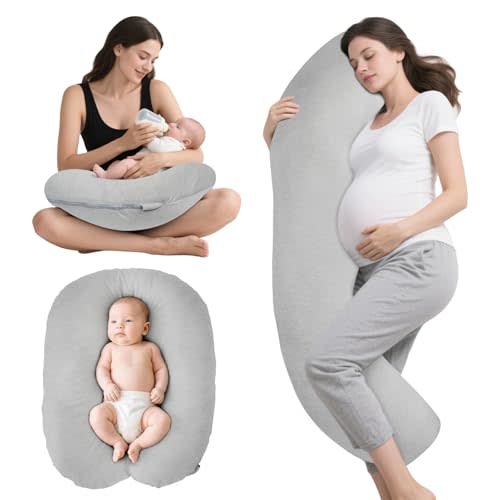 Body Pillow, J-Shaped Pregnancy Pillows for Side Sleeping, Cooling Soft & Breathable Pregnancy Body Pillow, Support for Back, Legs, Belly, HIPS for Pregnant Women (Gray)