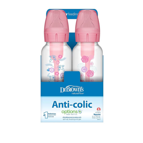 Dr. Brown's Natural Flow Anti-Colic Options+ Narrow Baby Bottle, Pink Floral, 8 oz/250 mL, with Level 1 Slow Flow Nipples, 0m+, 4 Pack