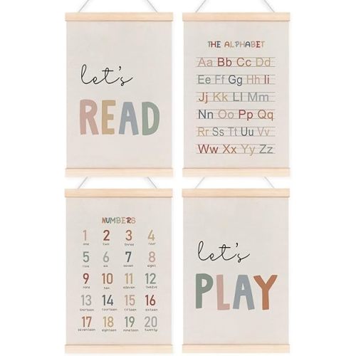 laveliabel Playroom Decor, Alphabet Numbers Poster Hanger Frame Set of 4, Alphabet ABC Banner Poster with Wood Hanger, Nursery Kids Playroom Wall Decor, Play Sign Wall Art Decor for Toddler Nursery Kids Room, 12x16in