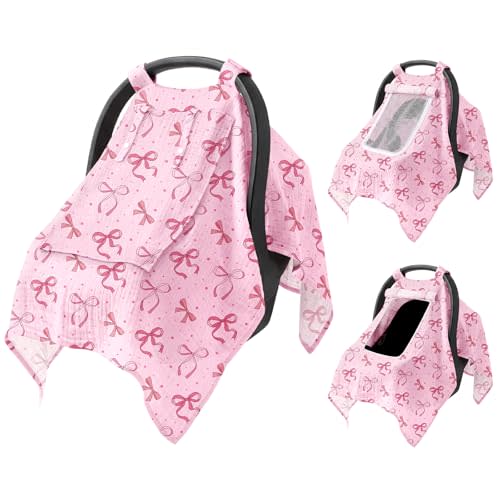 Baby Car Seat Cover with Mesh Window, 100% Cotton Carseat Covers Baby Boy Breathable Infant Car Seat Cover Spring Summer Baby Carseat Cover Lightweight Infant Car Seat Canopy - Pink Bow