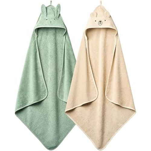 Baby Hooded Towel – Organic Cotton Baby Bath Towels, 32" x 32" Super-Soft and Absorbent Baby Towels for Newborn 2-Pack (TW Bear Fog/R. Roman Green)