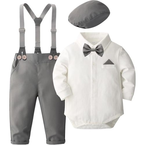 SALNIER Baby Boy 5PCS Formal Outfit Soft Cotton Romper Suspender Pants Bowtie Beret Hat Infant Wedding Birthday Party Suit
