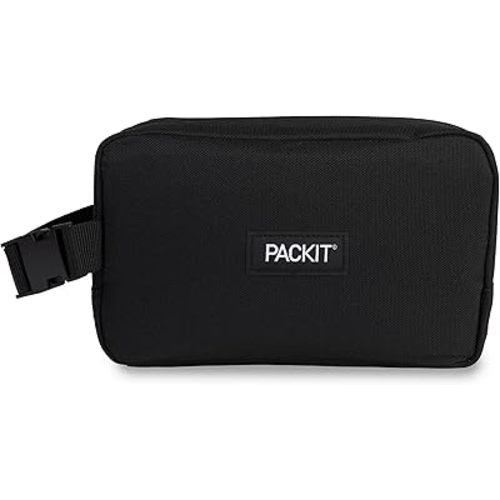 PackIt Freezable Dual Compartment Snack Box, Black, Insulated and Freezable with ECOFREEZE Technology, Buckle Handle, Zip Closure, Reusable, Collapsible, Designed for Perishables and Dry Snacks