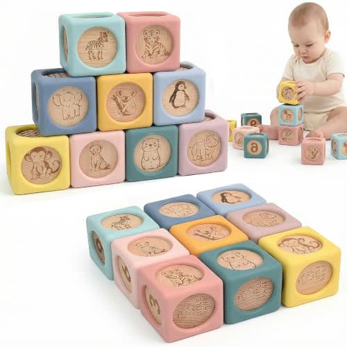 Little Rawr 9 Pcs Baby Silicone & Wooden Stacking Blocks, Food-Grade Silicone Baby Toy with Natural Wood Inserts, Soft Chewable Montessori Blocks for Toddlers, Animal Learning Toy