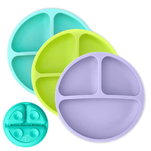 Hippypotamus Toddler Plates with Suction - Baby Plates - 100% Food-Grade Silicone Divided Plates - BPA Free - Dishwasher Safe - Set of 3 (Lavender/Lime/Teal)