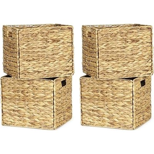 4 Pack 13 x 11in Rectangular Wicker Storage Bins, Water Hyacinth Baskets, Foldable Wicker Baskets, Storage Basket with Built-in Handles, Handwoven Natural Basket for Shelves, Outdoor