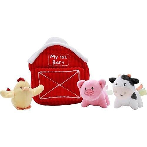 4 Piece Plush My First Barn Play Set with Sensory Toys for Baby, Red Farm Animals, 6 inch, Chicken, Pig, Cow
