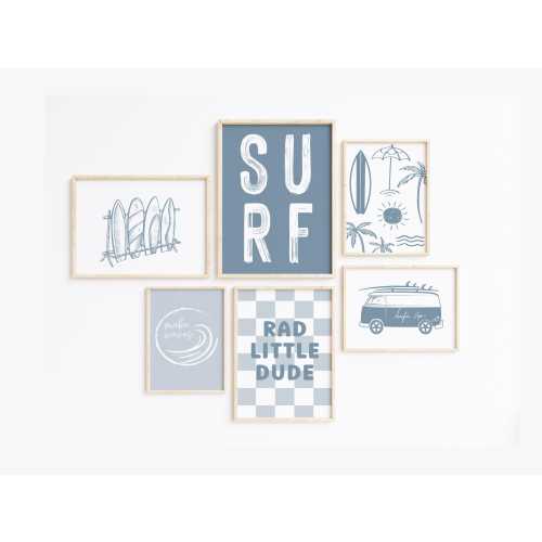 Surf nursery decor, surf van theme decor, nursery gallery wall art for boy, blue wall art for boys room, set of six prints, surf baby