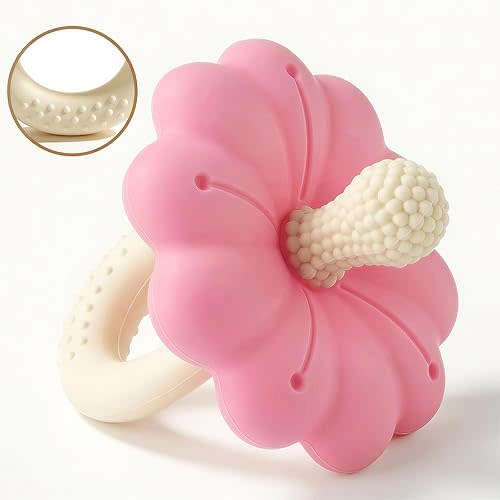 Baby Silicone Flower Teether Pacifier, Nipple-Shaped End Texture for Sucking Needs, Teething Relief, Chew Sensory Toys for Babies 0-6 6-12 Months, Hands-Free Design, BPA Free, Freezable -Pink