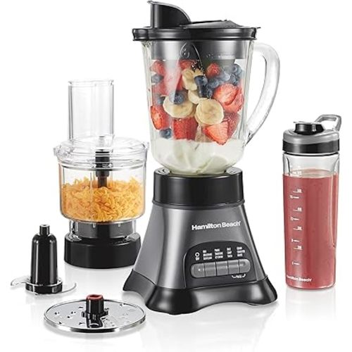 Hamilton Beach Blender and Food Processor Combo for Shakes & Smoothies, With 3 Cup Electric Food Chopper Attachment, 40 oz Glass Jar, Blender Travel Cup, 700 Watts Peak Power, Gray & Black (58163)