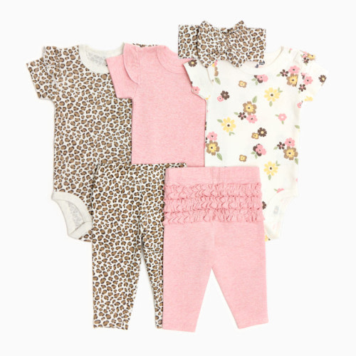 Organic Cotton Ruffle Bodysuit, Pant & Headband 6-Piece Set - Leopard, Floral & Pink