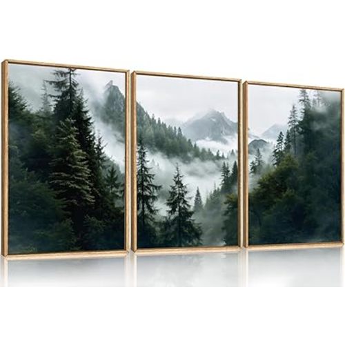HOURIA Boho Forest Mountain Framed Canvas Wall Art Set,Nature Foggy Woodland Ridge Wall Decor,Misty Pine Tree Artwork,Sage Green Botanical Art Prints for Living Room, Bedroom, Farmhouse-24 x36 x3