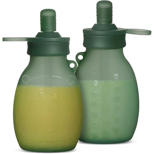 haakaa Hippo Wide Opening Silicone Goody Pouch – Reusable Pouches for Toddlers, Baby Food Pouches with Wide Opening for Easy Fill & Clean, Perfect for Purees & Smoothies, 9oz, 2 Pack, (Pea Green)