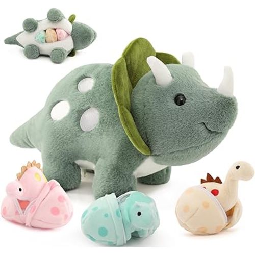 Plush Dinosaur Stuffed Animals,Plush Toy for Girls and Boys,A Mommy Dinosaur with 3 Baby Dinosaurs,Triceratops, Stegosaurus and Diplodocus Gifts for Kids,Small Dino Plushies,17.6 Inch,Green