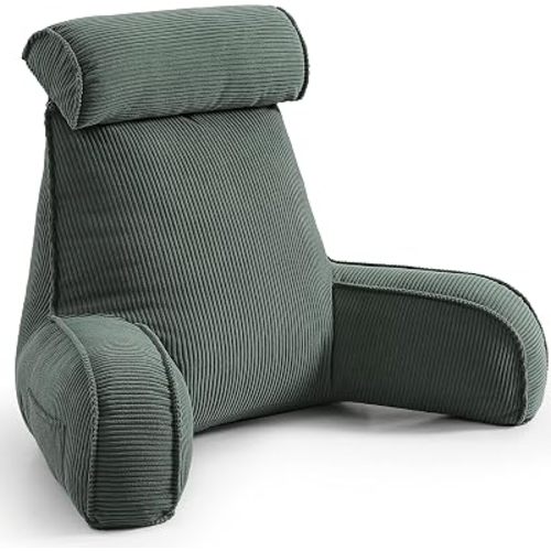 Sit Up Reading Pillow, Backrest Pillow with Arms, Corduroy Back Support Cushion with Side Pockets & Washable Cover, Bed Rest Support for Sofa Couch Floor Relax, Peacock Blue