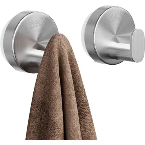 TAILI 304 Stainless Steel Bathroom Suction Hooks for Towel, Bathrobe, Loofah, No Damage Hanging Glass Shower Wall Hook, Patented Strong Suction Cup Holder, Hold Up to 11 Lbs, 2 Pack, Silver