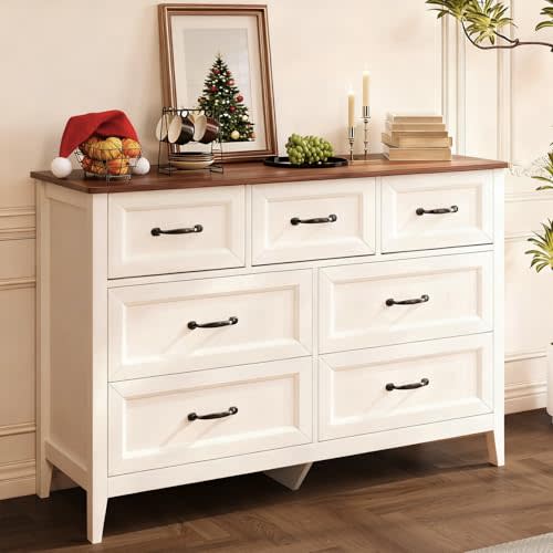 Gizoon Farmhouse 7 Drawers Dresser, White Chest of Drawers with Metal Handles, 47" Wide Wooden Storage Organizer for Bedroom, Hallway, Living Room, Tabletop-Retro