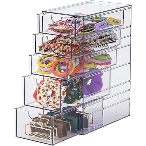 Noverlife Clear Containers for Hair Accessory Organizing, Plastic Hair Accessory Organizer Box with 5 Drawers, Hair Accessory Container, Storage Organization Drawers Set for Hair Ties Accessory