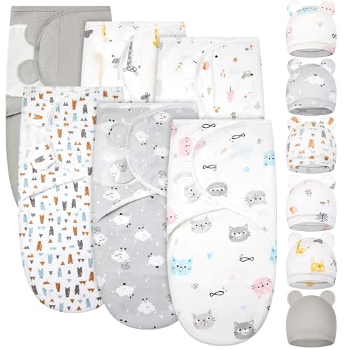 Ramede 6 Pack Baby Swaddle Blanket with Hats Sleep Swaddle for 0-3 Months Newborn Sacks Soft Cotton Wearable for Boy Girl(Cat,Grey)