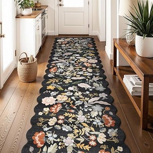 3x12ft Long Hallway Runner Rug - Non Slip Washable Floral Floor Runner for Kitchen Entryway Bathroom,Boho Low Pile Thin Rubber Backed Scalloped Carpet Runner (Black, 3x12)