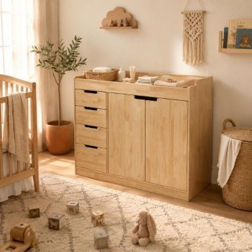 Famapy Solid Wood Baby Changing Table with Guardrail Top 4 Slide Drawers,Multi-Purpose Nursery Diaper & Clothes Storage Dresser